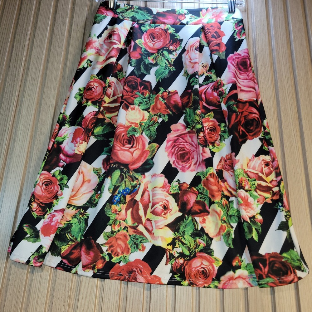 K Too Floral Striped A-Line Midi Skirt Pink Red Roses Black White CS8257 Small